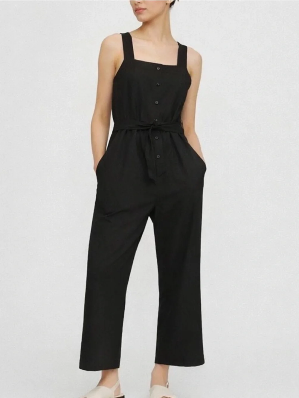 Everlane The Linen Picnic Sleeveless Jumpsuit In Washed Black